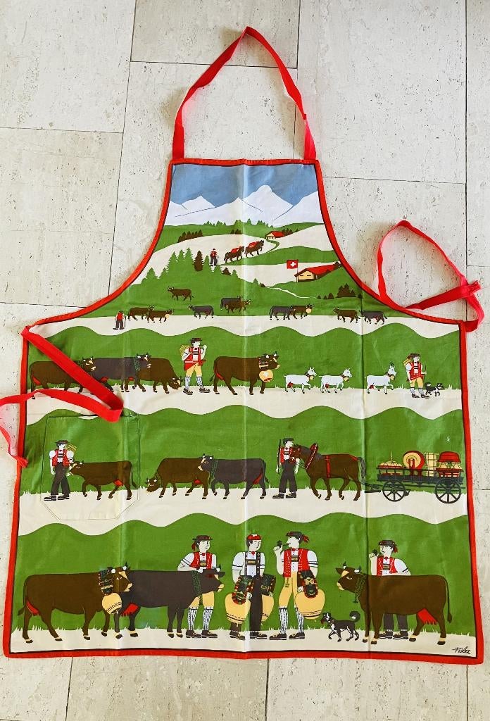 Vintage schort Fisbo Zwitserland 100% katoen seventies, Huis en Inrichting, Keuken | Textiel, Ophalen of Verzenden, Zo goed als nieuw