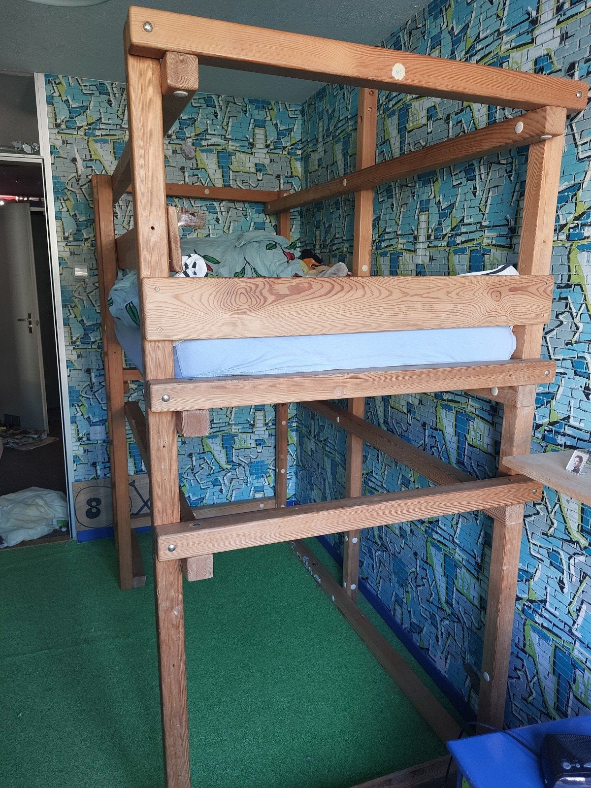 Stevig massief houten hoogslaper/stapelbed, Ophalen, Gebruikt, 180 cm of meer, 85 tot 100 cm
