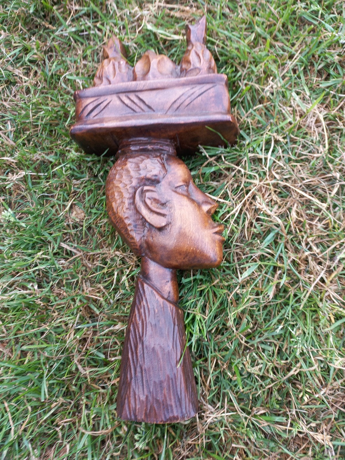 Houten Afrikaans beeld - Hoofd met schaal, Hout, Afrika, Ophalen of Verzenden, Beeld