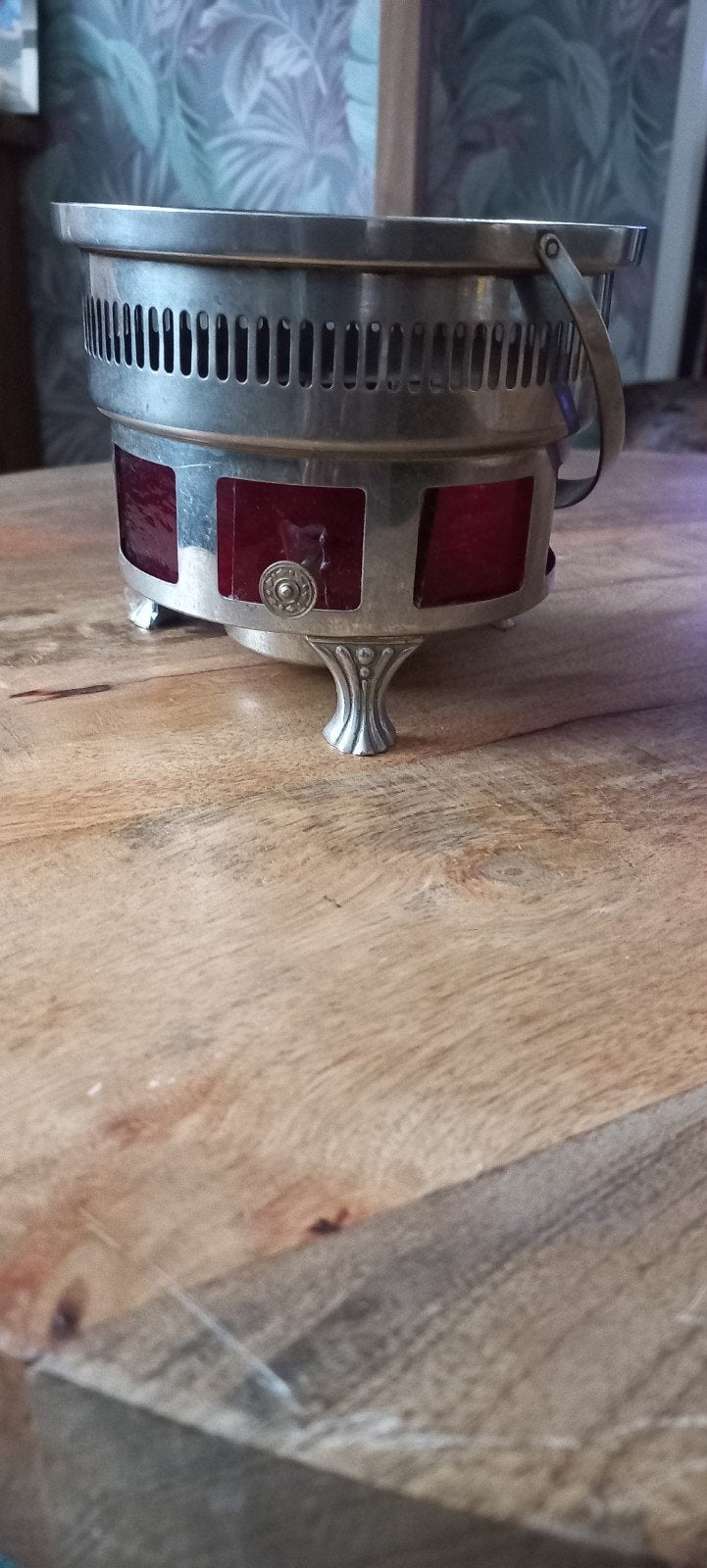Antieke zilverkleurige theewarmer met rode glazen panelen, Ophalen of Verzenden