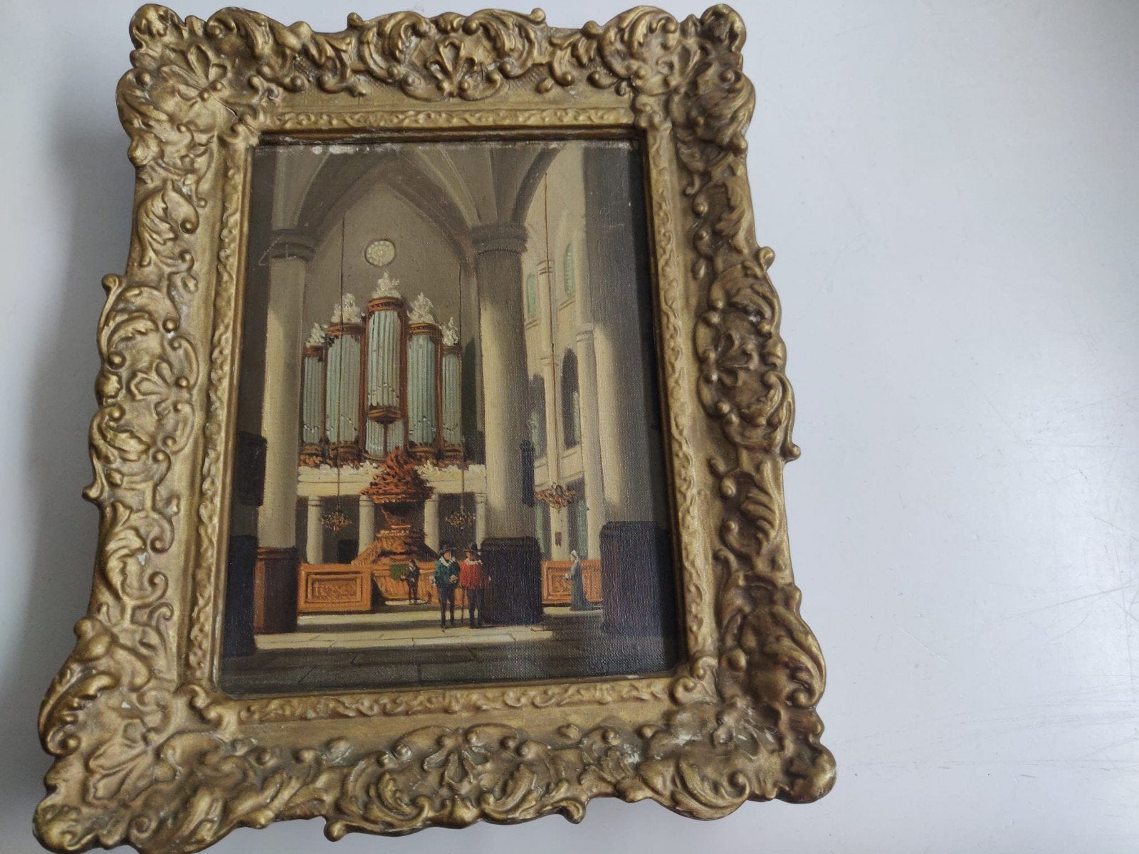 schilderij Interieur Kerk met Orgel in Baroklijst, Antiek en Kunst, Doek, Ophalen of Verzenden, Olieverf, Klassiek