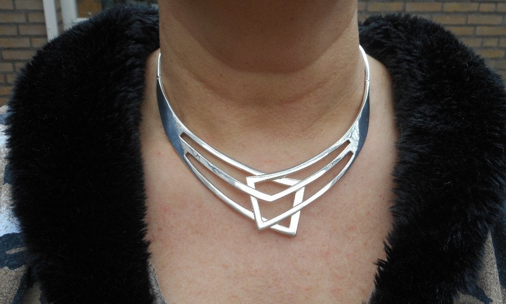 Zilveren prachtige massieve modernist set spang met armband, Verzenden, Zo goed als nieuw, Zilver, Zilver