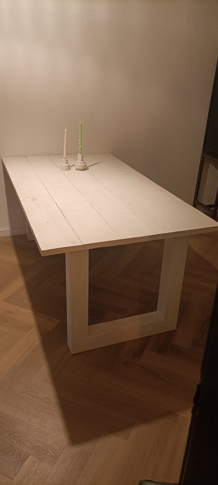 Eettafel steigerhout wit metalen onderstel, Ophalen, Gebruikt, 100 tot 150 cm, Overige materialen