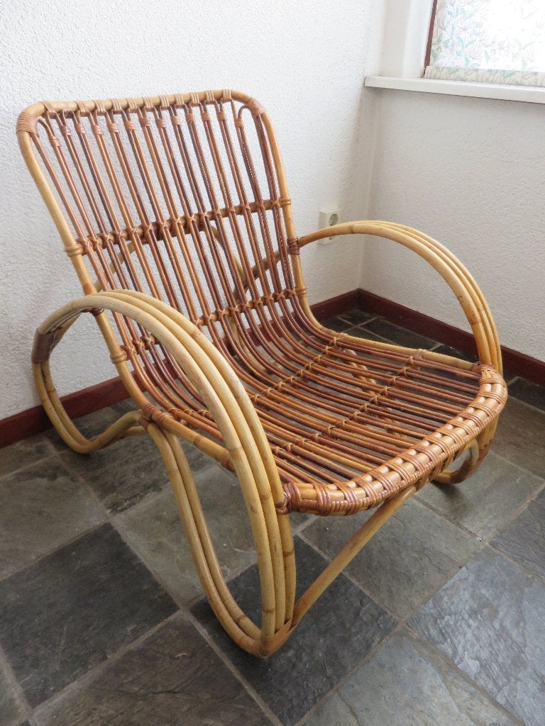 Vintage rotan lounge stoel fauteuil Rohé Noordwolde, Ophalen, Gebruikt, Vintage, 50 tot 75 cm