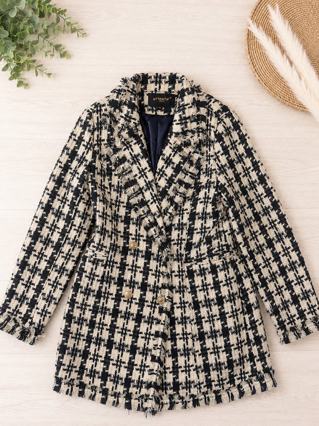 Stijlvolle Attentif Tweed Jasje - Zwart/Wit Pied-de-Poule, Kleding | Dames, Ophalen of Verzenden, Zo goed als nieuw, Maat 38/40 (M)
