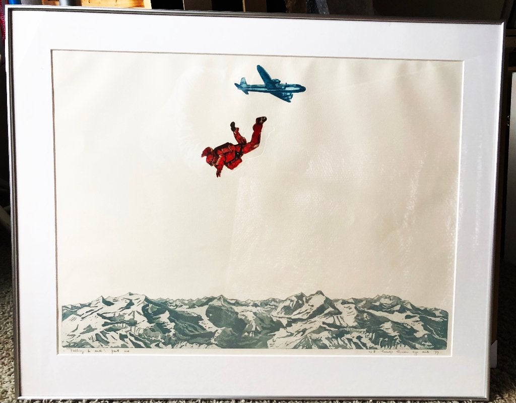 ets LEENTJE LINDERS  "Falling to earth", Ophalen, Met tekst, 70 cm, Ets