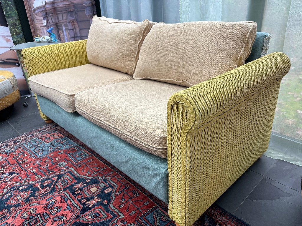Houten bank met rotan zijkanten, helemaal opnieuw bekleed, Huis en Inrichting, Banken | Sofa's en Chaises Longues, Ophalen, Gebruikt