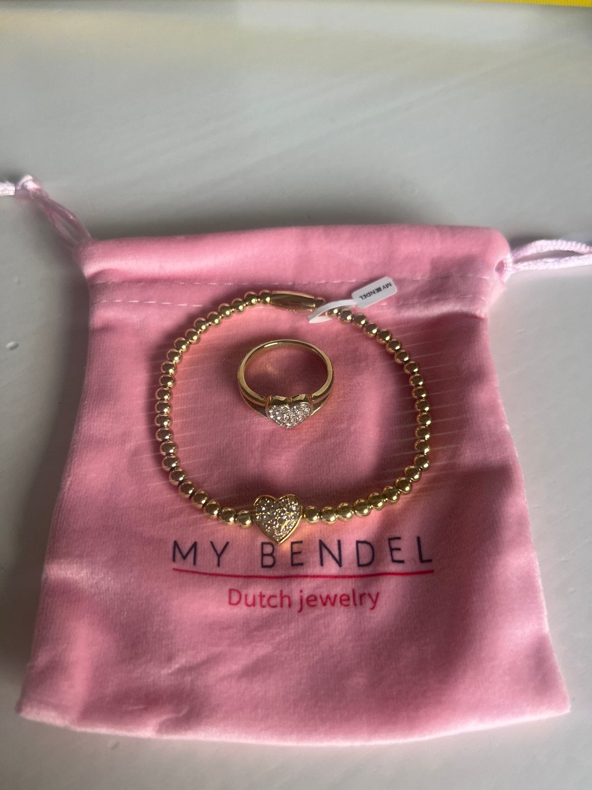 My Bendel Armband en Ring Set met Hartjes en Strass, Staal, Nieuw, Ophalen of Verzenden, Goud