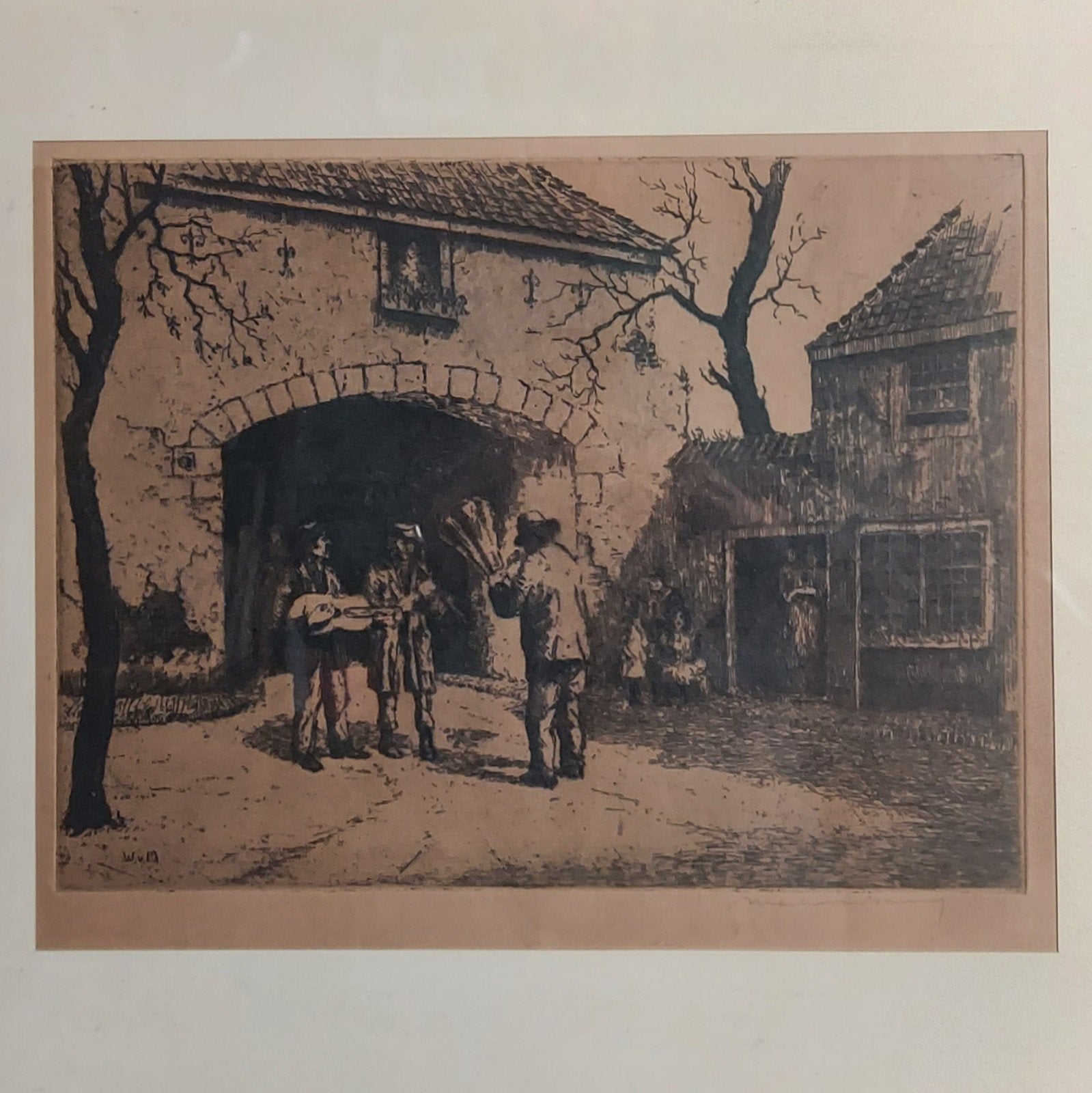 straat musikanten - ets - Martin van Waning, Ophalen, Dagelijks leven, 77 cm, Gesigneerd
