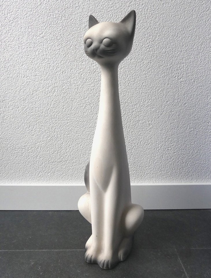 Langnek kat poes XL keramiek vintage kattenbeeld wit grijs, Ophalen, Gebruikt, Dier