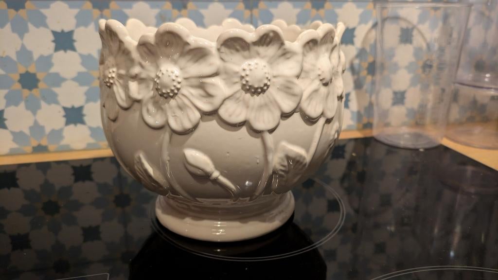 W. Germany vintage witte keramieke bloempot Scheurich, Gebruikt, Wit, Aardewerk of Porselein, Ophalen of Verzenden