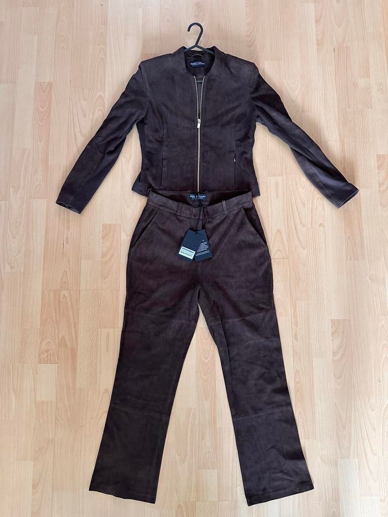 Repeat Cashmere Dames Leren Set Suede Jasje & Broek Bruin 36, Kostuum of Pak, Bruin, Verzenden, Nieuw