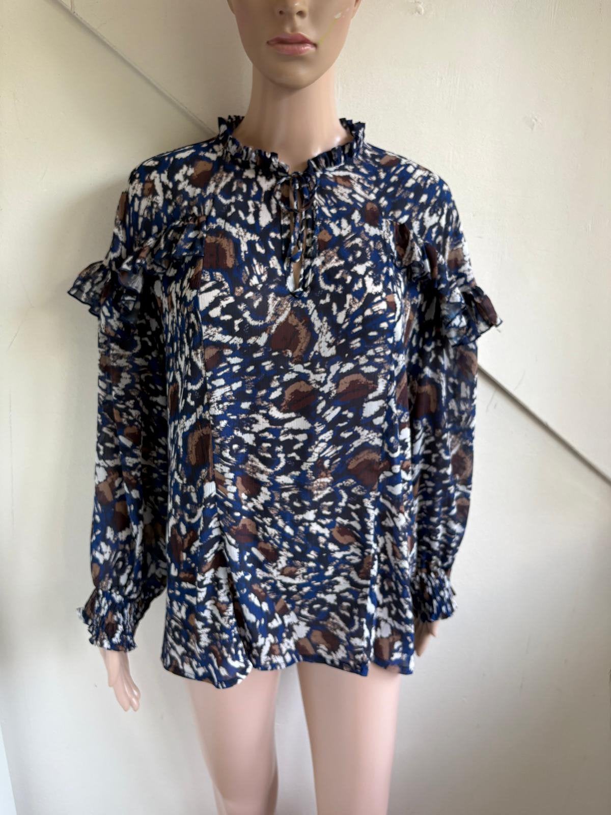 Studio Anneloes blouse roezels maat xl 44 blauw bruin wit, Ophalen of Verzenden, Zo goed als nieuw, Maat 46/48 (XL) of groter