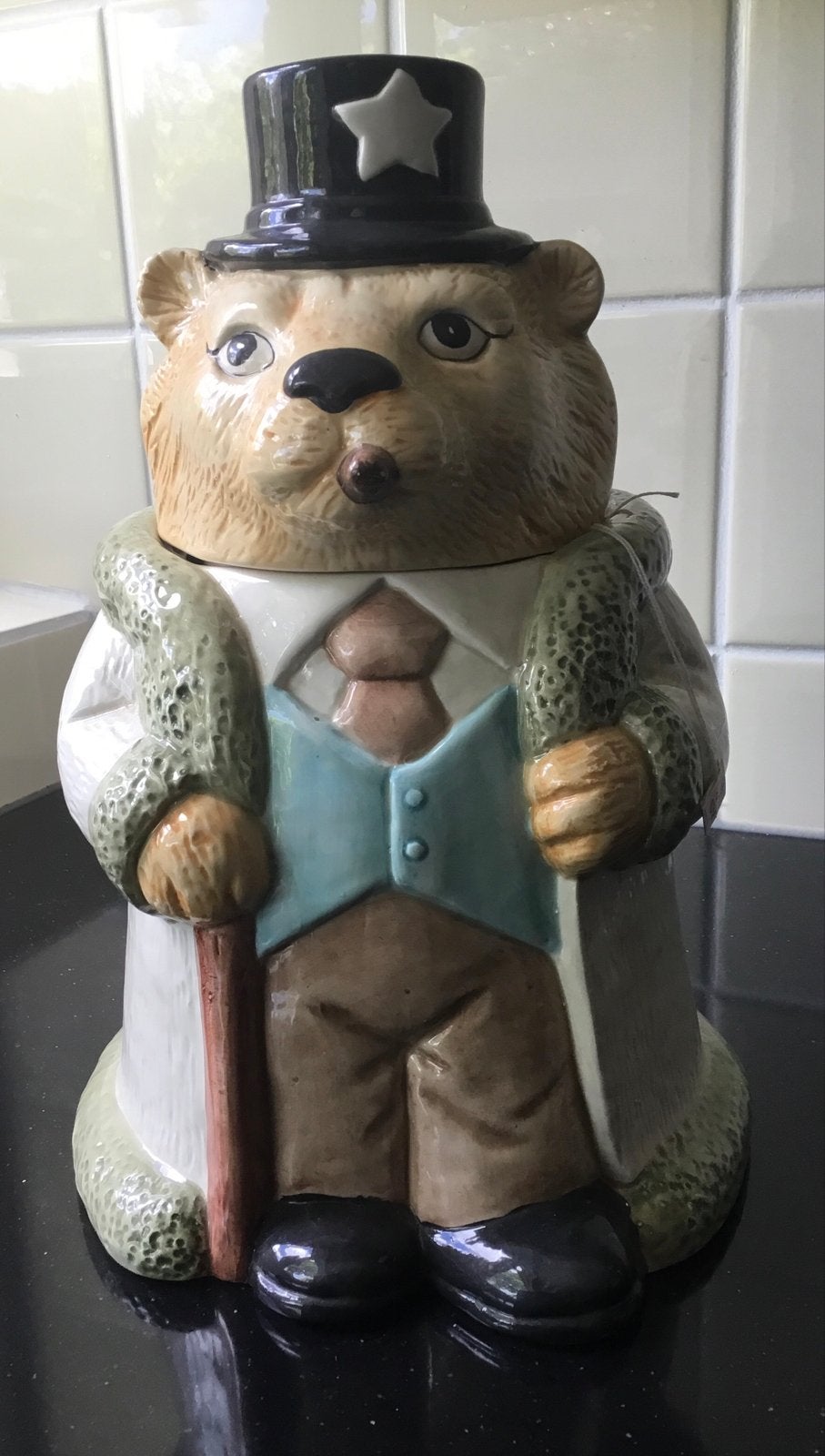 Vintage Teddybeer Koekjespot met Hoge Hoed, Ophalen of Verzenden, Keramiek, Overige stijlen