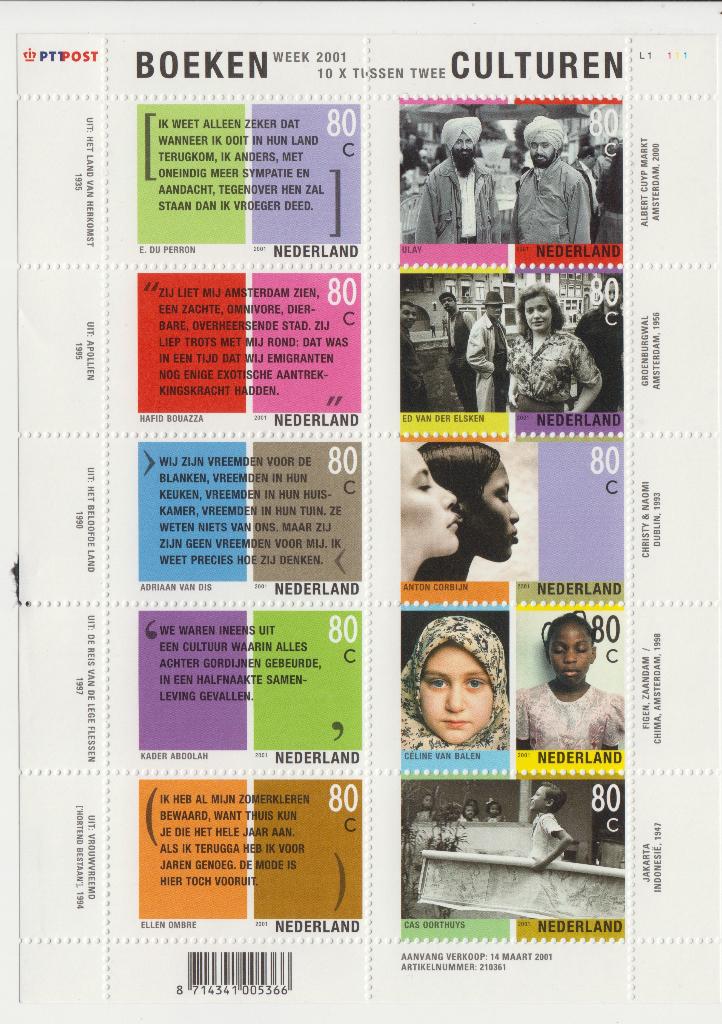 Vel Tussen twee culturen  Boekenweek 2001, Postzegels en Munten, Postzegels | Nederland, Postfris, Ophalen of Verzenden