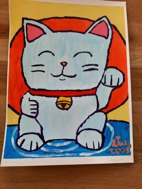 Schilderij 'Geluksdag' - Maneki Neko Kat, Ophalen of Verzenden