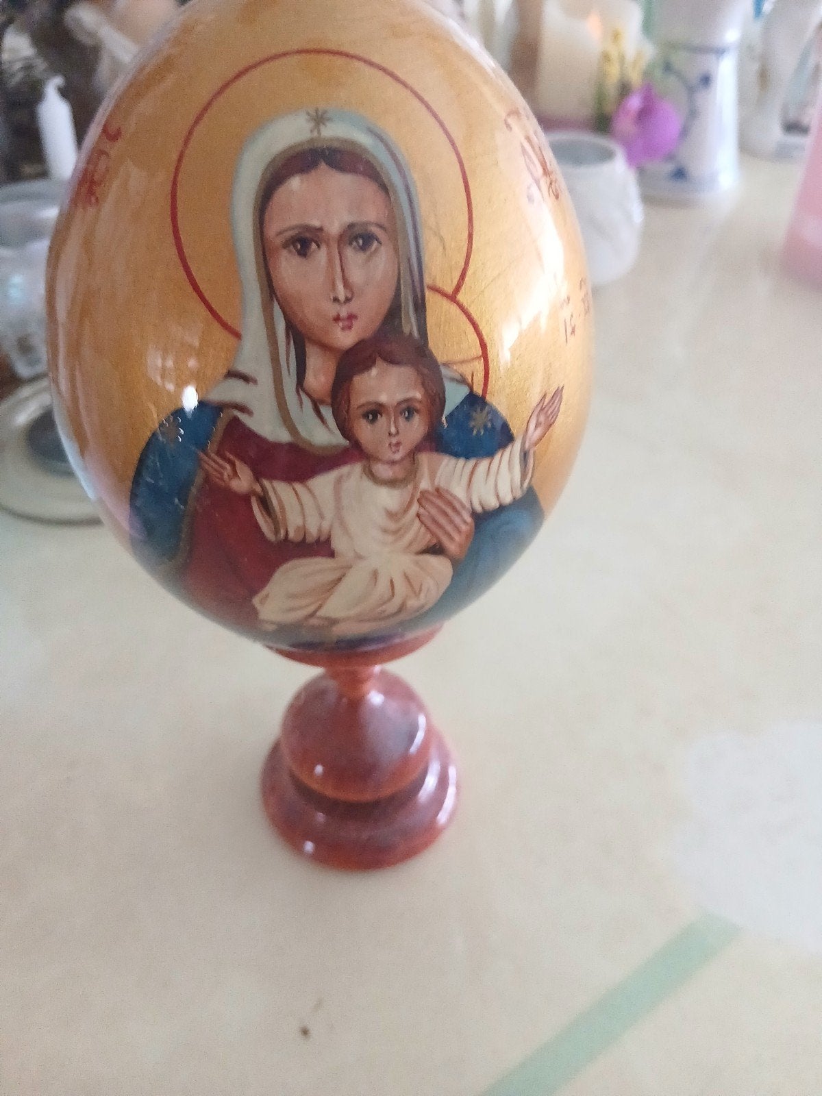 Houten ei met afbeelding van Maria en kind, Antiek en Kunst, Ophalen of Verzenden