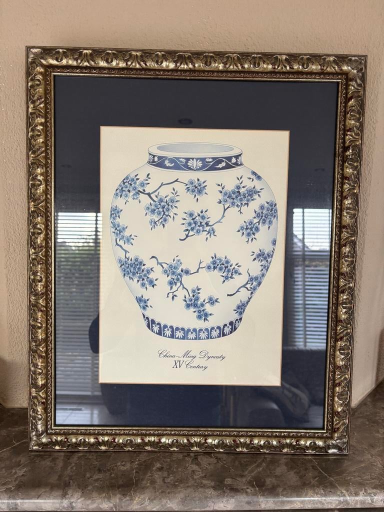 Ingelijste Kunstafdruk: Blauw-Witte Ming-Vaas, 15e Eeuw, Ophalen of Verzenden