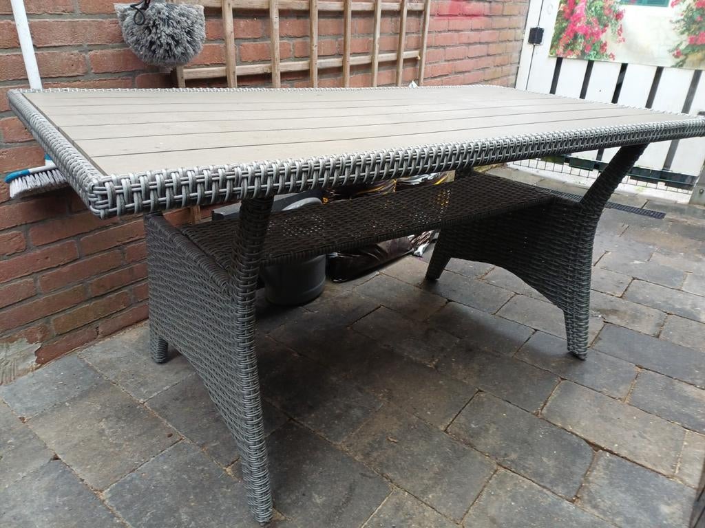 Wicker tuintafel met houtlook blad, Ophalen, Gebruikt, Rechthoekig, Wicker