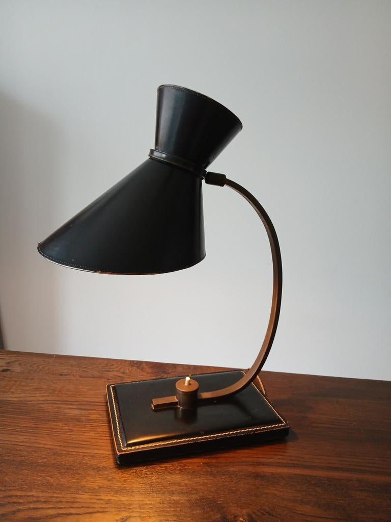 Vintage design Jacques Adnet leren tafellamp, bureaulamp,, Vintage design retro, Gebruikt, Overige materialen, Ophalen of Verzenden