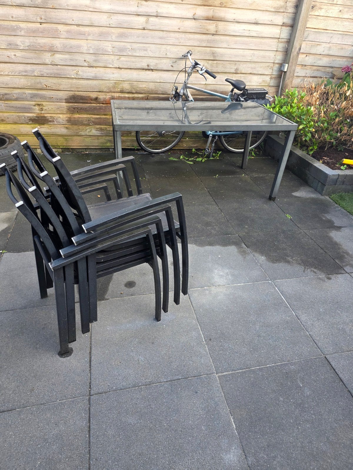 Tuinset: Rechthoekige tafel met 5 stoelen, Ophalen of Verzenden, Gebruikt, Rechthoekig, Metaal