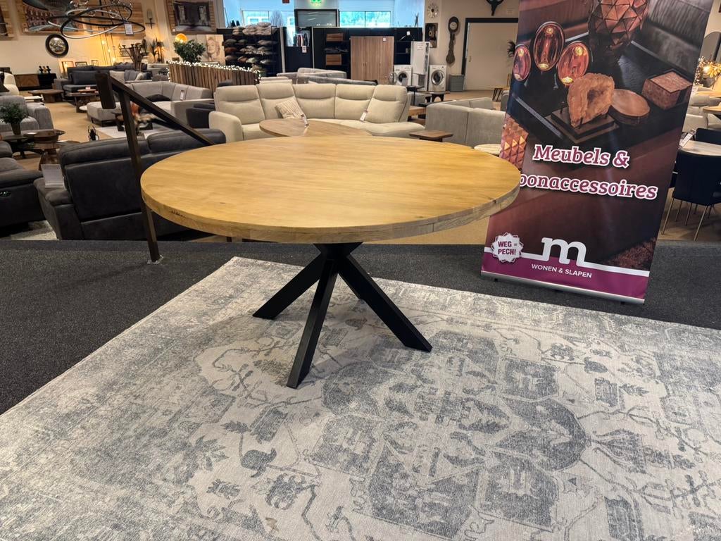 Eettafel rond 140 Vlak tafelblad Mango Direct leverbaar 7375, Huis en Inrichting, Rond, Nieuw, Mwonenenslapen@ziggo.nl, Ophalen