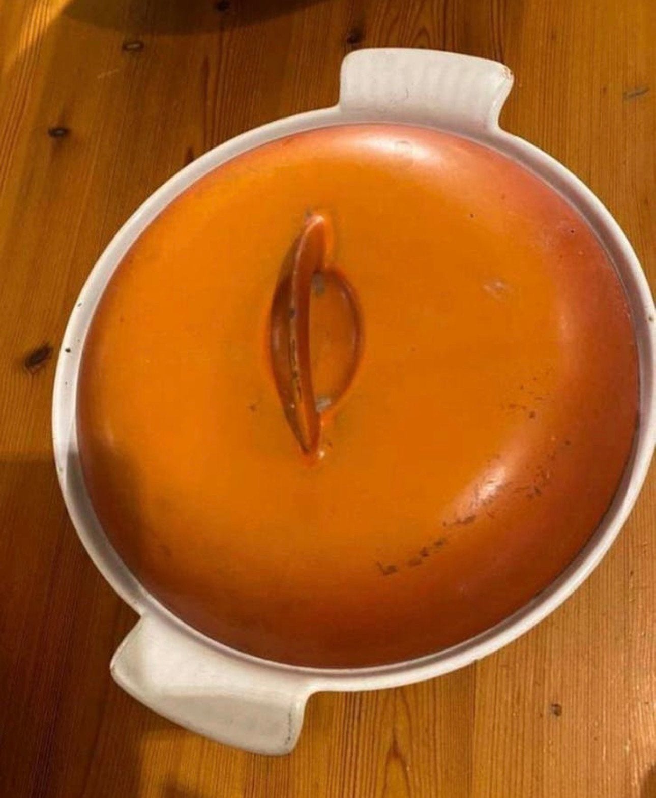 Creuset , Belgium, 3 vaksschaal met deksel 27x 22 cm  Oranje, Ophalen of Verzenden