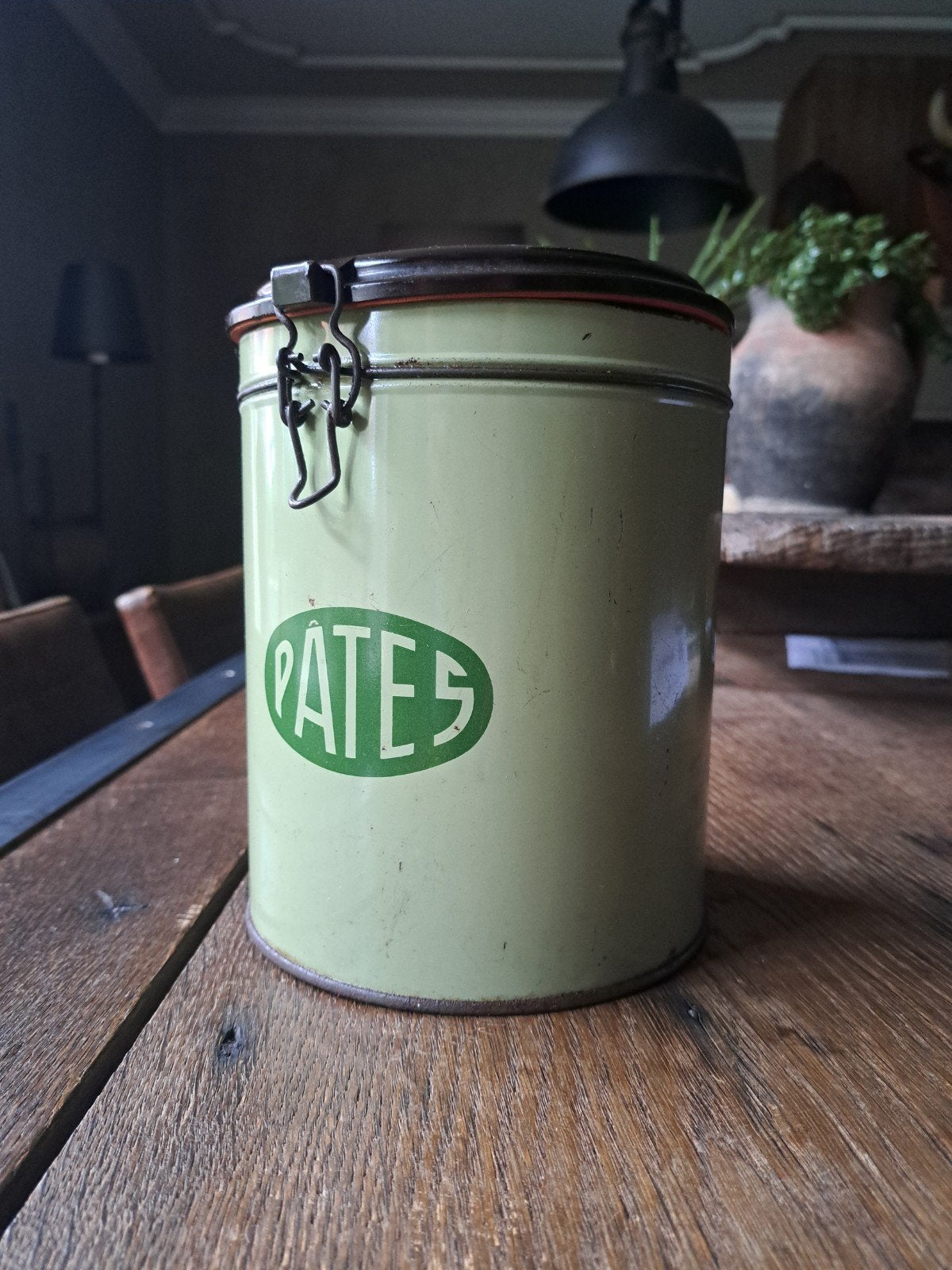 Vintage Frans voorraadblik 'Pâtes' pasta - Lichtgroen, Verzamelen, Blikken, Ophalen of Verzenden, Gebruikt, Overige