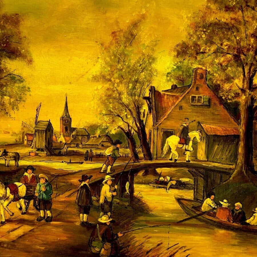 Twee schilderijen naar 17e eeuwse Hollandse voorstellingen, Paneel, Nederlandse school, Ophalen of Verzenden, Landschap