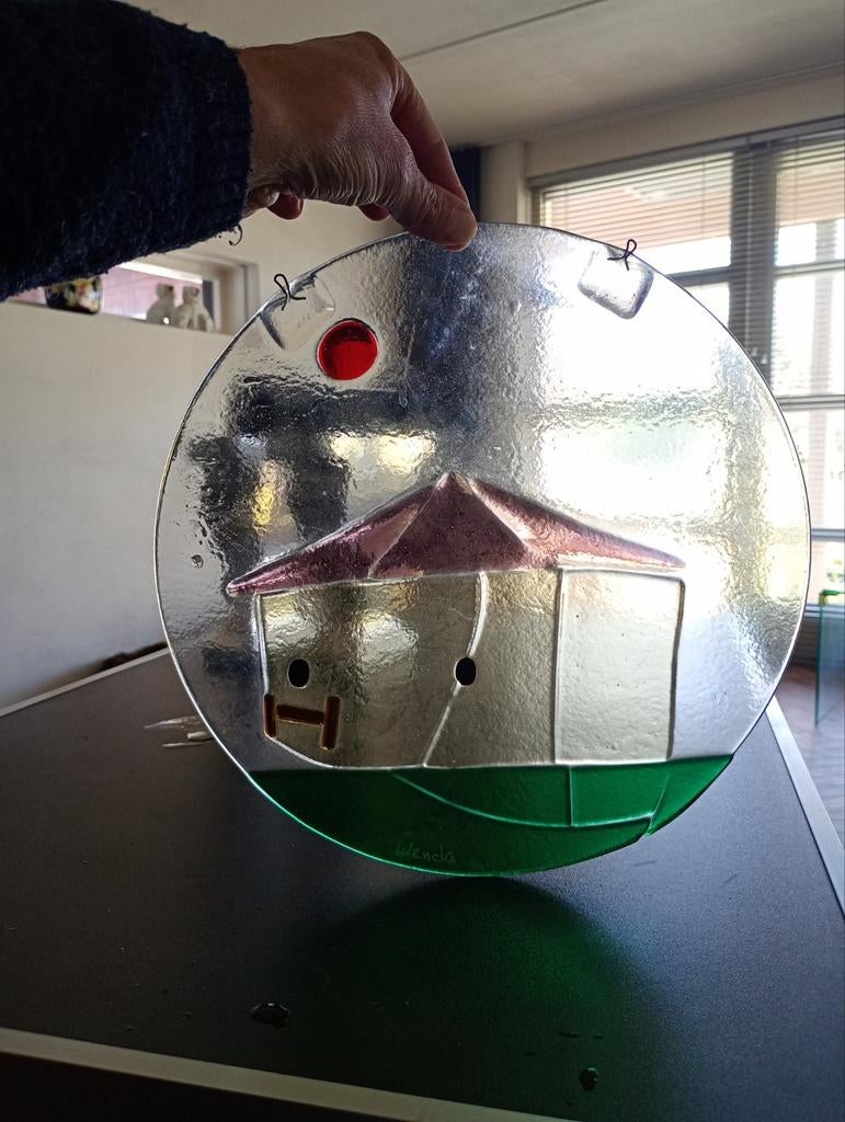 Uniek Glazen Kunstwerk: Huisje met Rode Zon, Ophalen of Verzenden