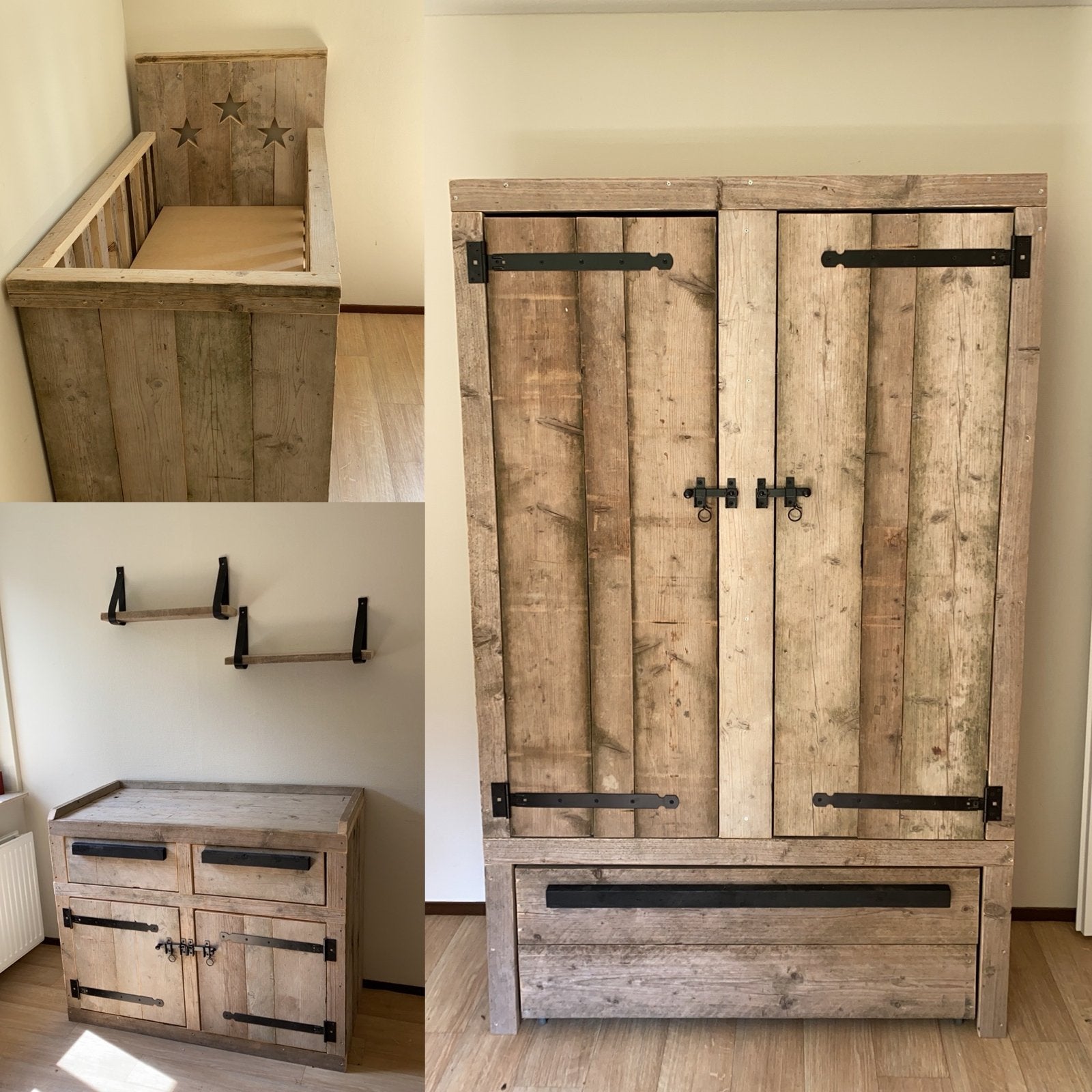 Complete set! Unieke handgemaakte meubels van steigerhout, Ophalen, Gebruikt, 180 cm of meer, 85 tot 100 cm