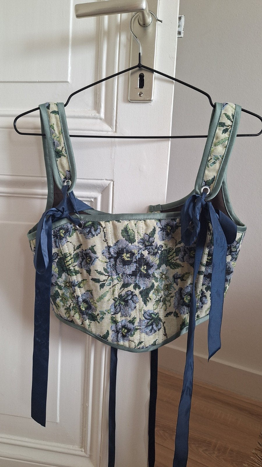 Unieke bloemenprint corset/bustier top met linten, Blauw, Nieuw, Ophalen of Verzenden, Vintage