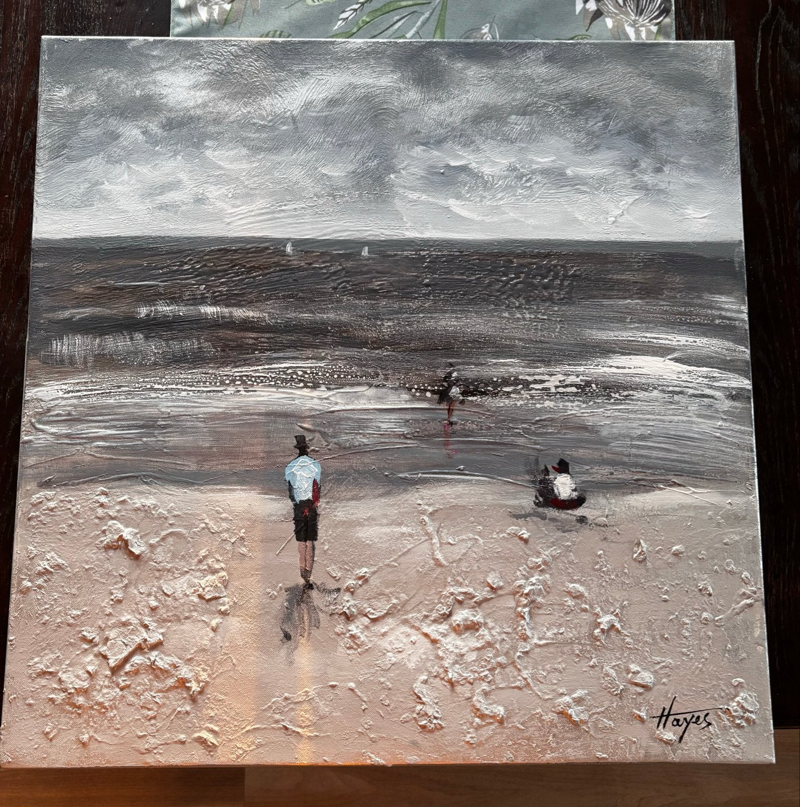 Modern schilderij strandgezicht 60x60 cm, Ophalen of Verzenden, Gesigneerd, Textiel, Figuren
