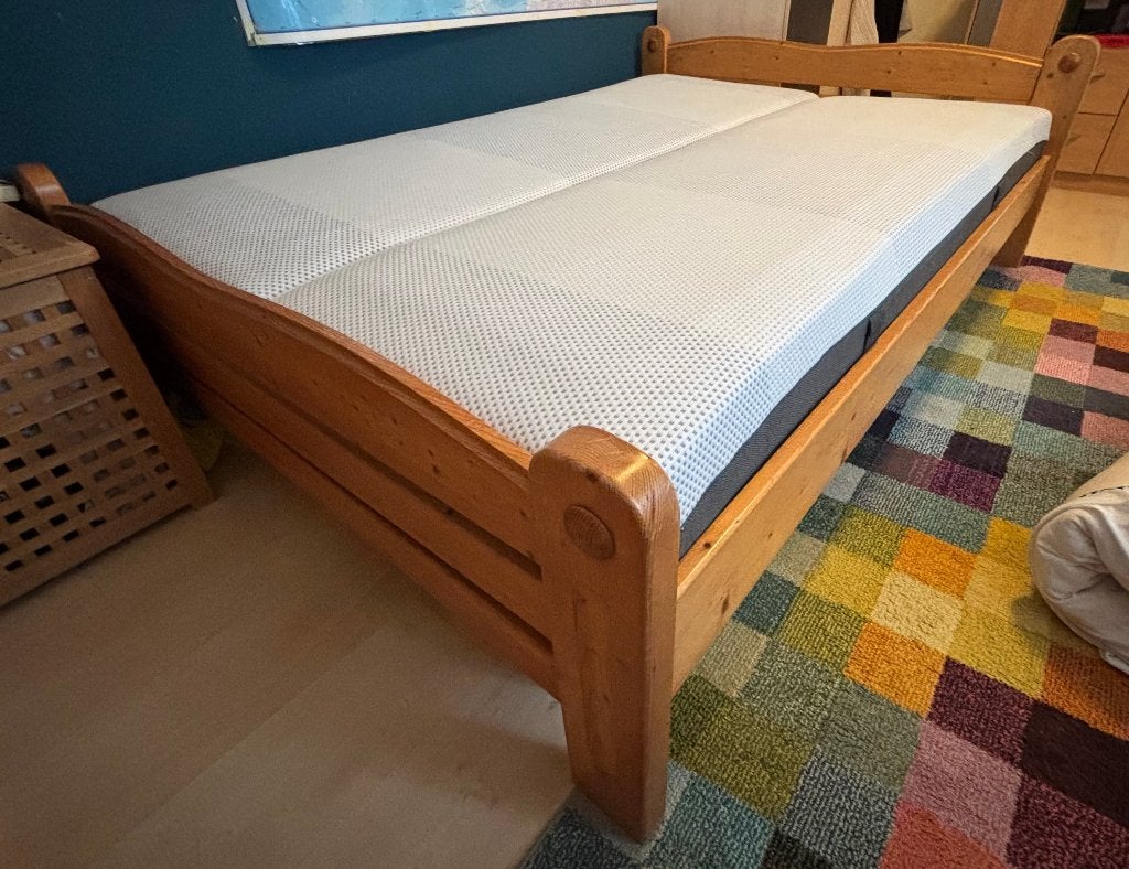 Eiken Tweepersoonsbed twijfelaar 140 cm breed, Ophalen, Gebruikt, Bruin, Klassiek
