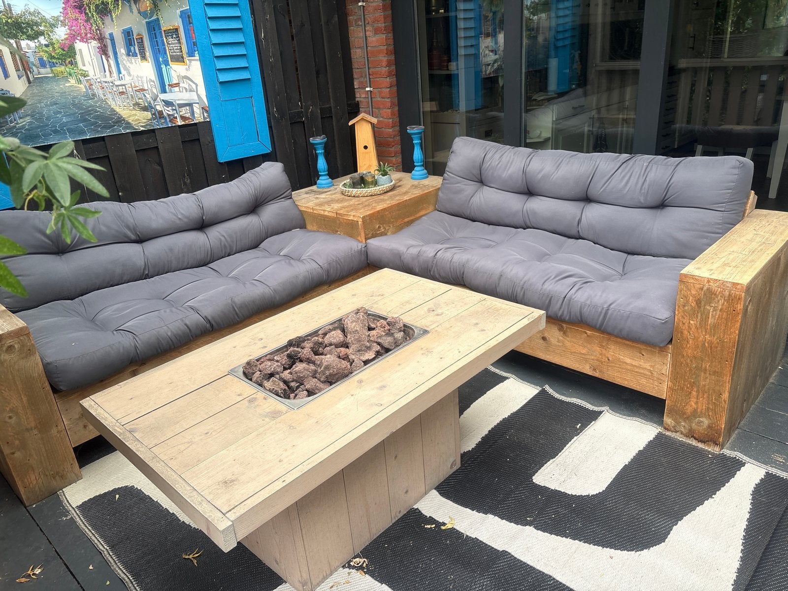 Steigerhouten Loungeset met Vuurtafel en Kussens, Ophalen, 4 zitplaatsen, Gebruikt, Steigerhout