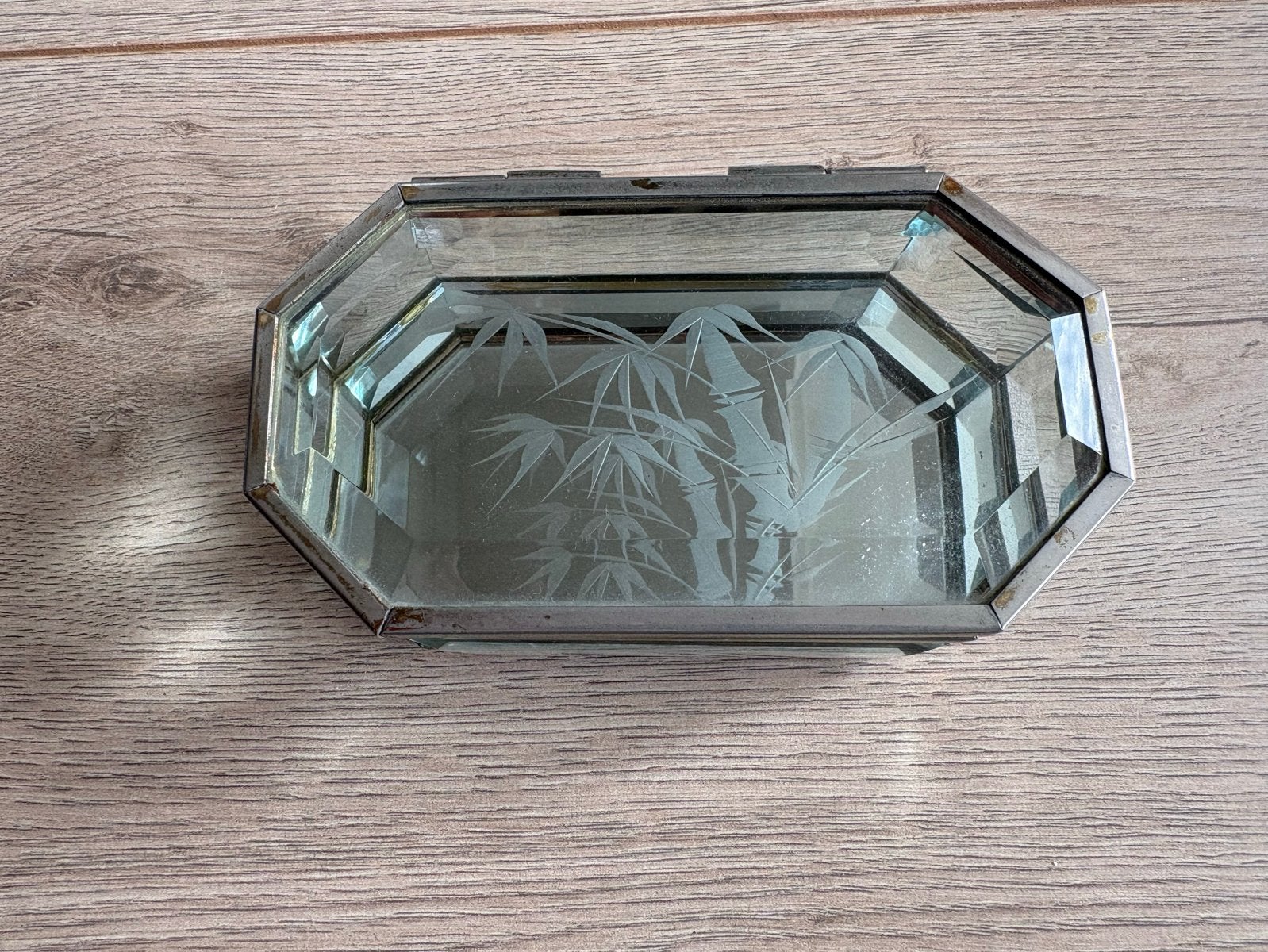 Vintage glazen juwelendoosje met bamboe ets, Ophalen of Verzenden