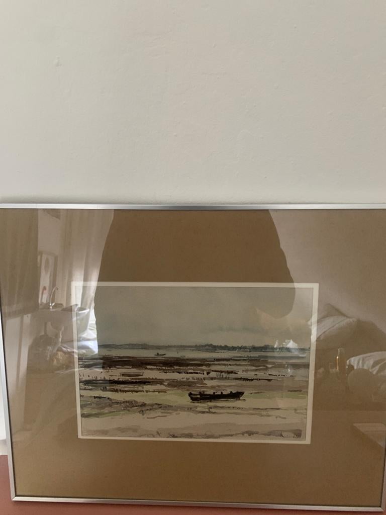 Ingelijste aquarel van een landschap met boot, Antiek en Kunst, Ophalen of Verzenden