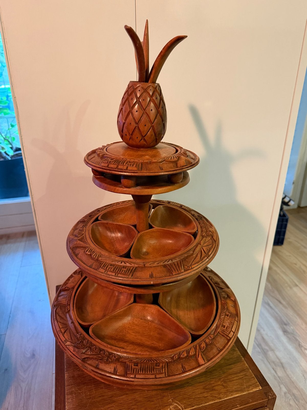 Vintage Houten Etagere met Ananas Decoratie en Lepeltjes, Antiek en Kunst, Ophalen of Verzenden