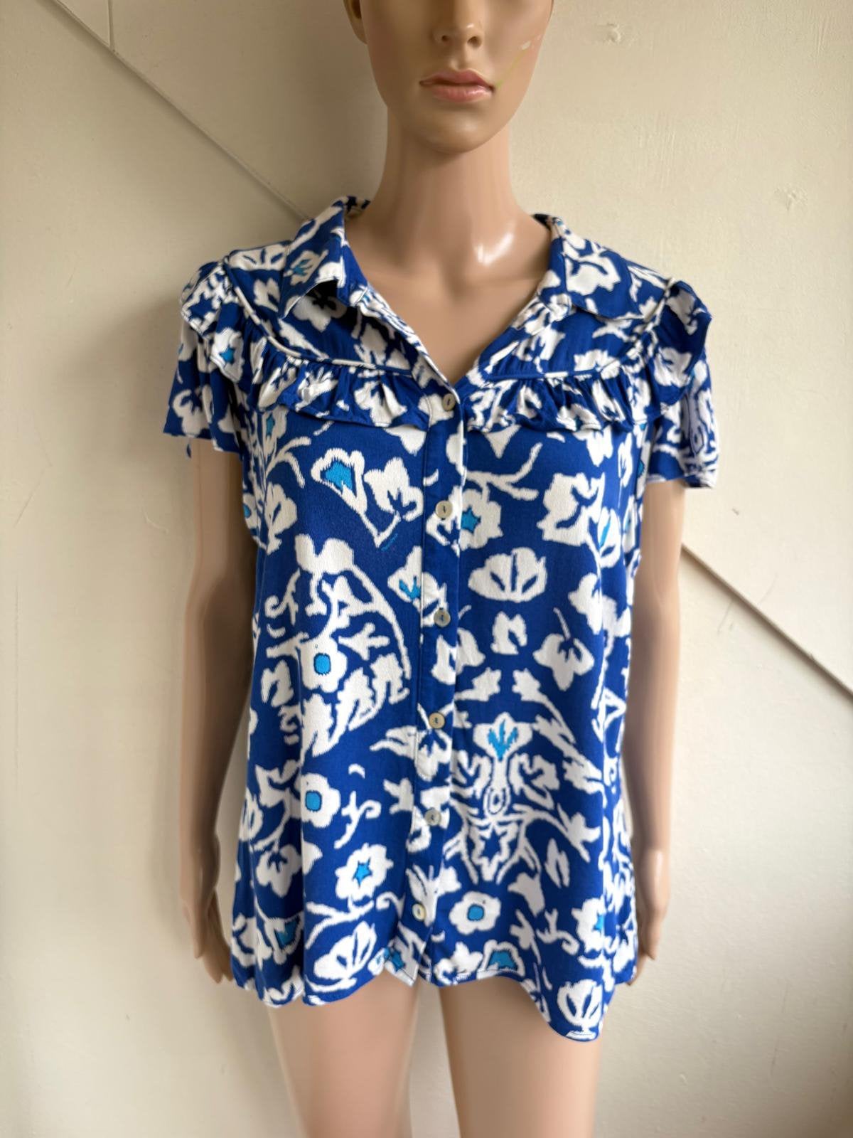 Tramontana blouse maat 42 korte mouwen roezels blauw wit, Blauw, Tramontana, Maat 42/44 (L), Ophalen of Verzenden