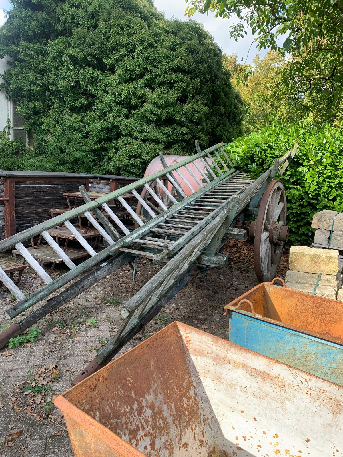 Antieke houten Ladderwagen / Brandweerladder op wielen, Ophalen