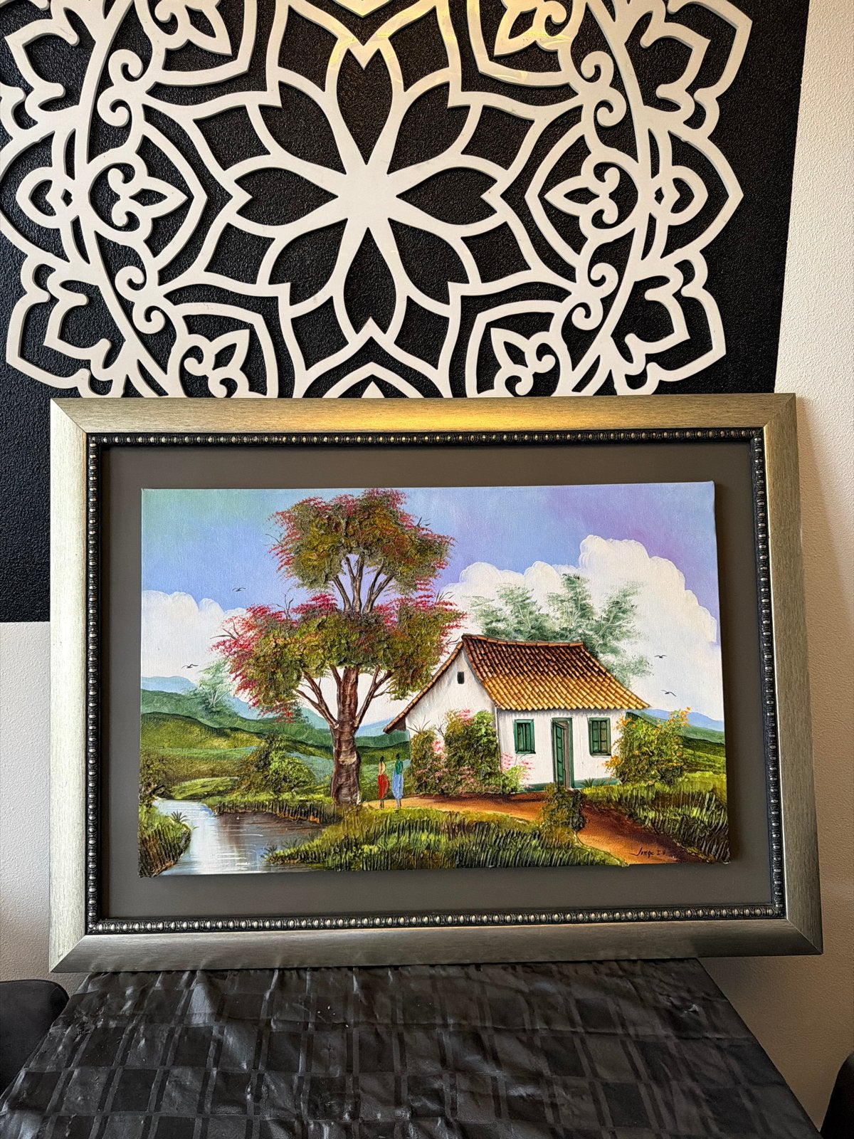 Schilderij met landschap en huisje, Ophalen, Doek, Realistisch, Gesigneerd