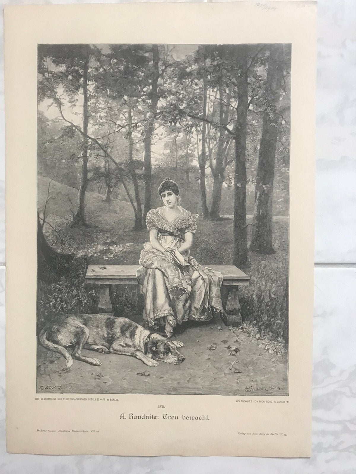 A. Raudnitz: Treu bewacht, 1890, or. gravure, 32x23cm. Mooi!, Origineel, 1800 - 1899, Ophalen of Verzenden, Gravure