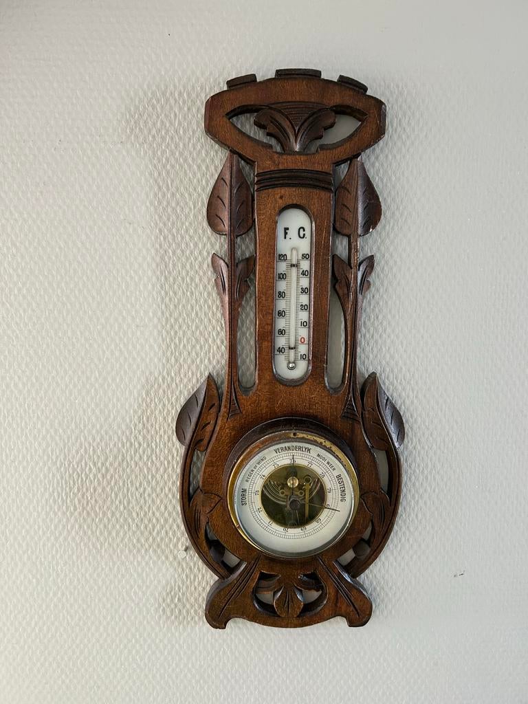 Antieke Barometer met Thermometer - Houtsnijwerk, Ophalen of Verzenden, Zo goed als nieuw, Barometer