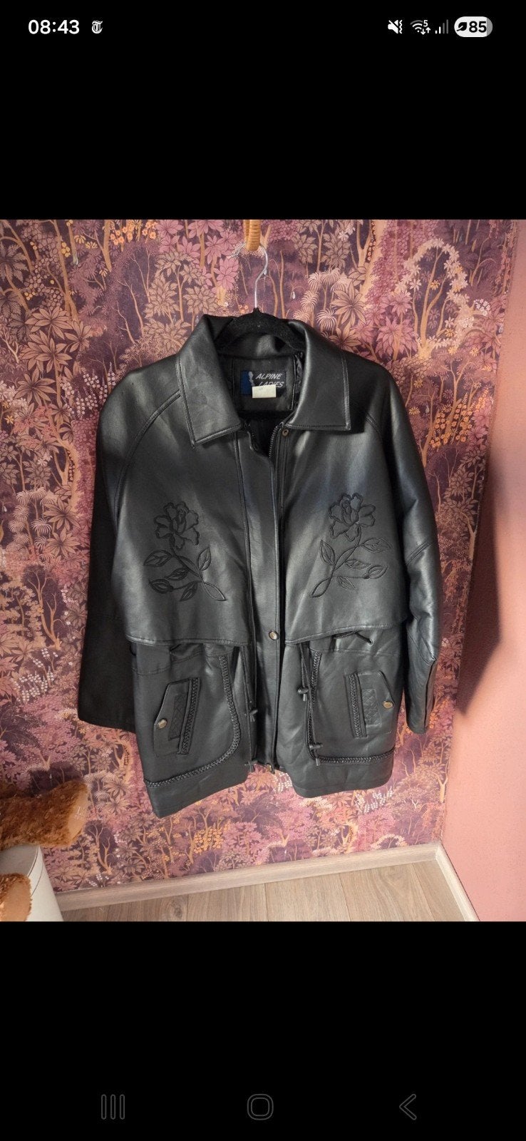 Vintage Faux Lederen Jas met Geborduurde Rozen, Kleding | Dames, Maat 38/40 (M), Zwart, Ophalen of Verzenden, Onbekend