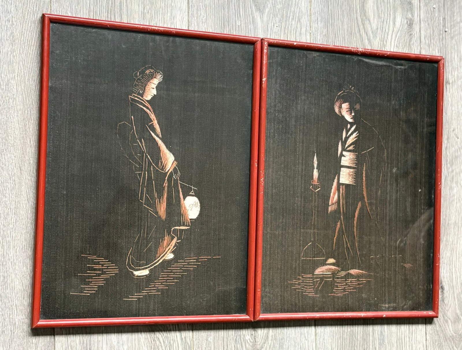 Antiek Japans Borduurwerk (NUIDO) 2 Geisha’s Zijde op Zijde, Antiek en Kunst, Kunst | Niet-Westerse kunst, Ingelijst, Japan, Meerkleurig