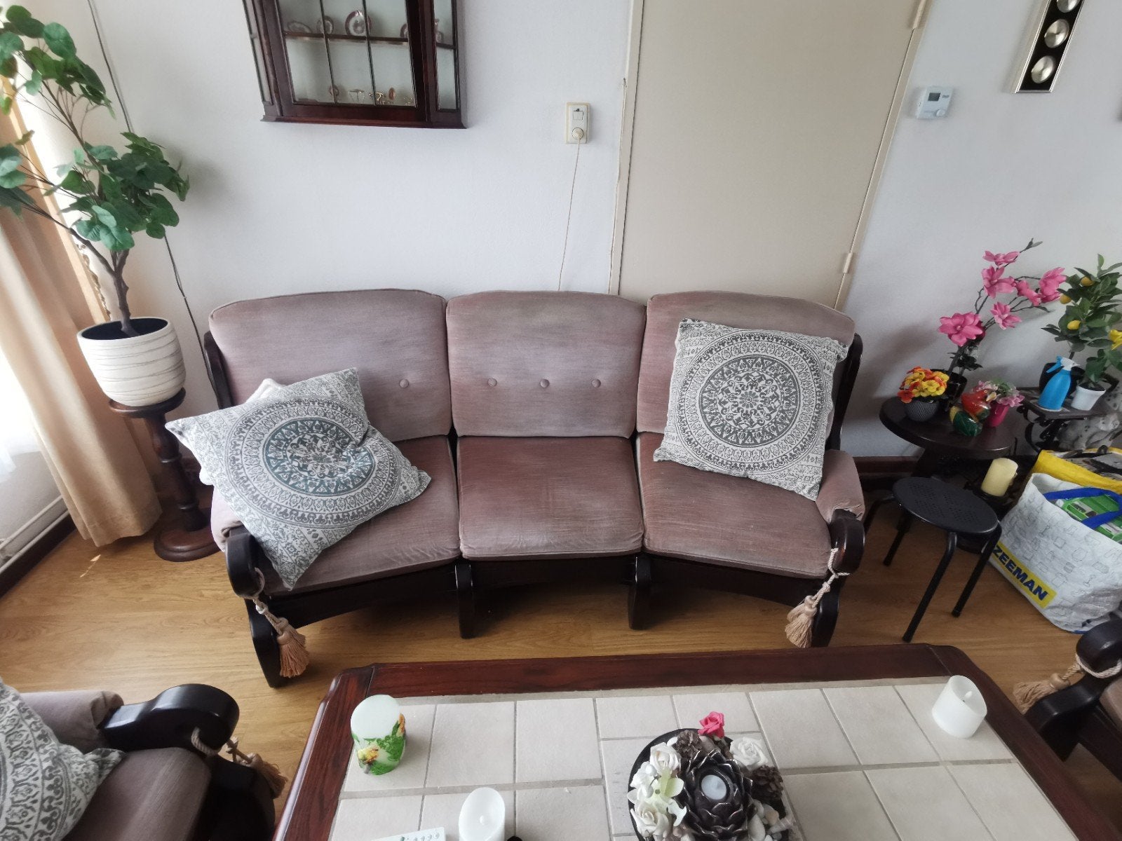 Eiken Bankstel met 2 losse stoelen en stevige kussens, Ophalen, Gebruikt, Stof, Klassiek