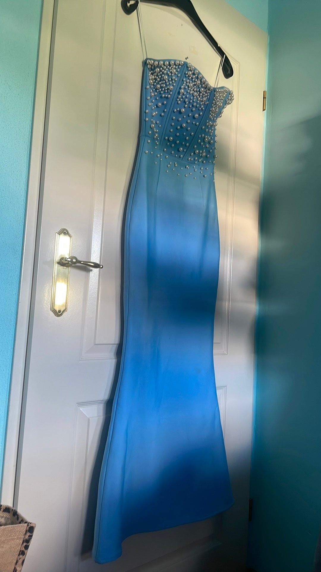 Blauwe galajurk met parls maat s, Kleding | Dames, Gelegenheidskleding, Verzenden, Zo goed als nieuw, Blauw, Galajurk