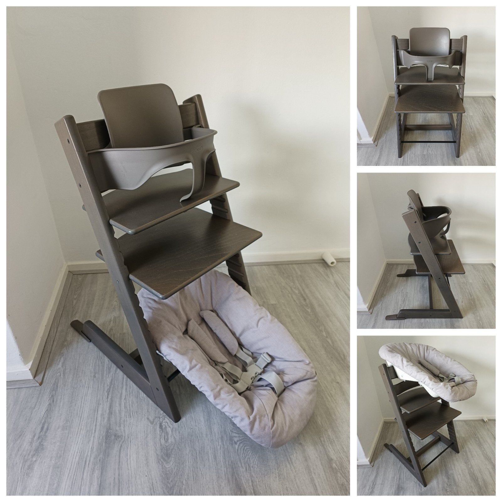 Stokke Tripp Trapp hazy grey+babyset en 2 standen newbornset, Kinderen en Baby's, Meegroeistoel, Ophalen of Verzenden, Zo goed als nieuw