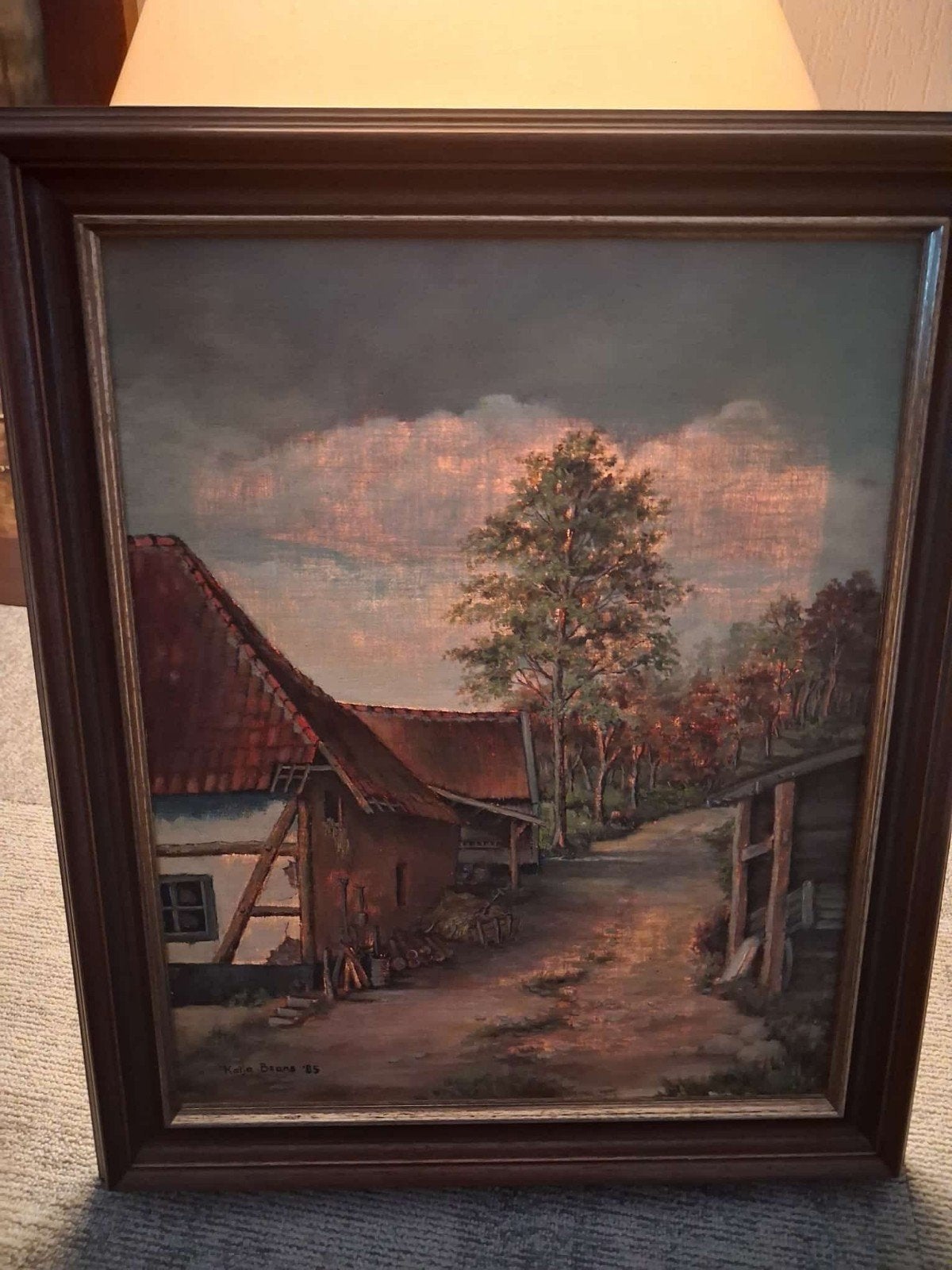 Schilderij: Landelijk tafereel met boerderij en bomen, Doek, Realistisch, Ophalen of Verzenden, Landschap