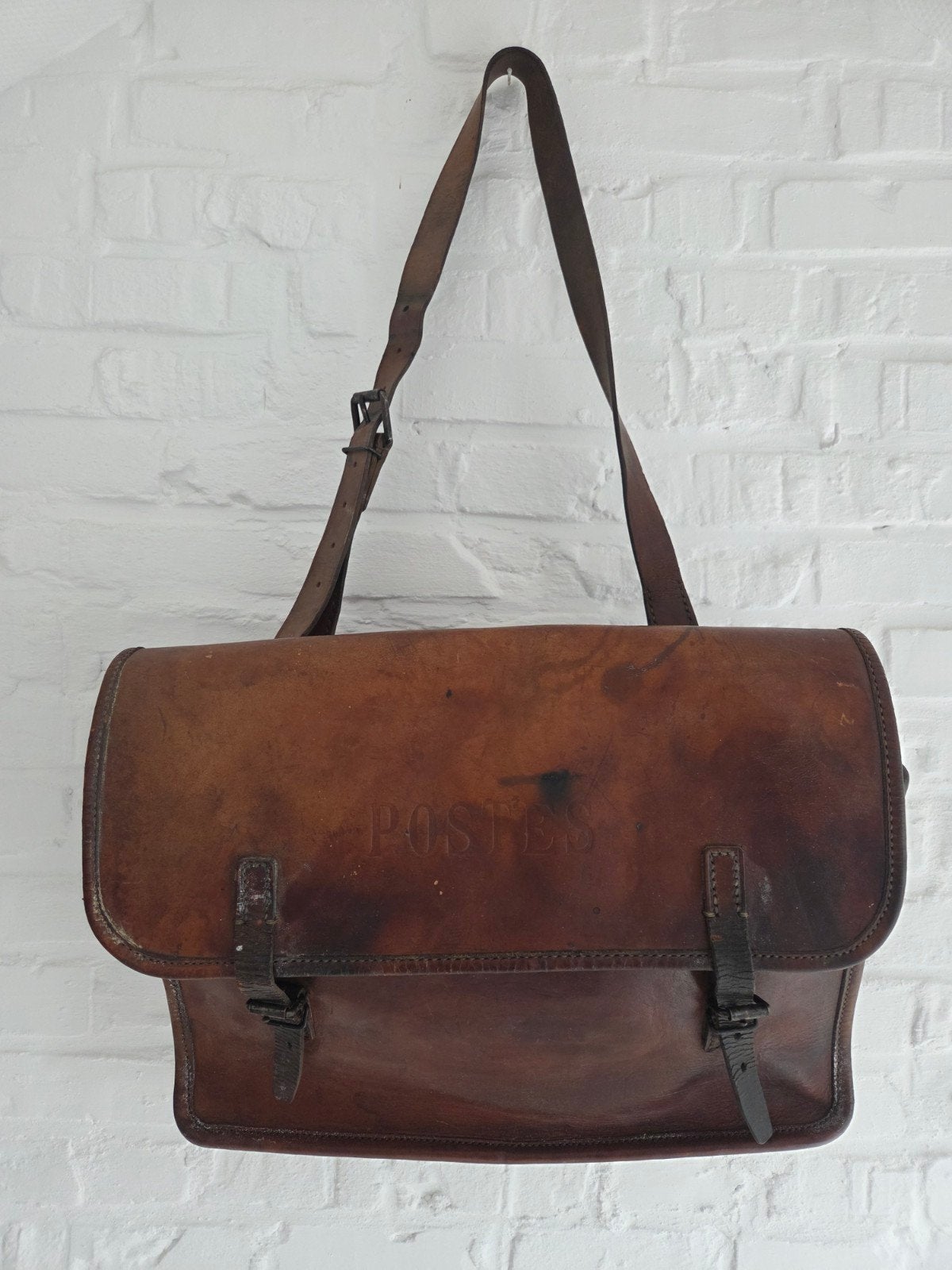Oude Franse Postes tas - Dik leer, mooi patina, Ophalen of Verzenden, Dames, Postes